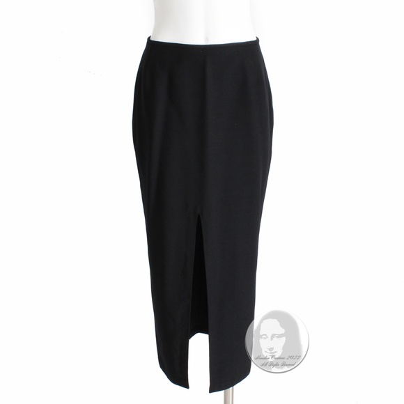 Genny Italy Skirt Midi Long Sexy Front Vent Black Wool Gabardine Vintage US 8 - Picture 1 of 7